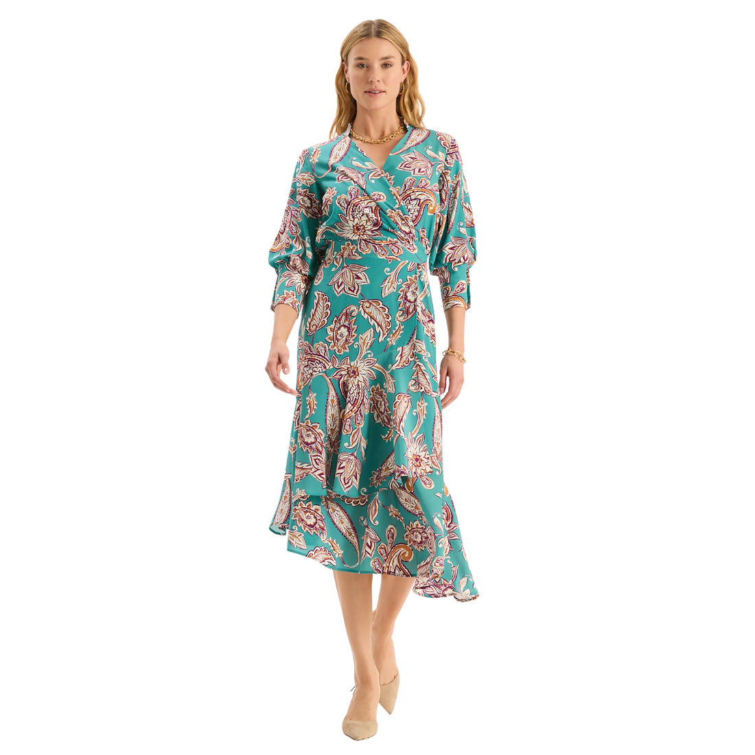 tyler boe dresses Jules Teal Paisley Wrap Dress