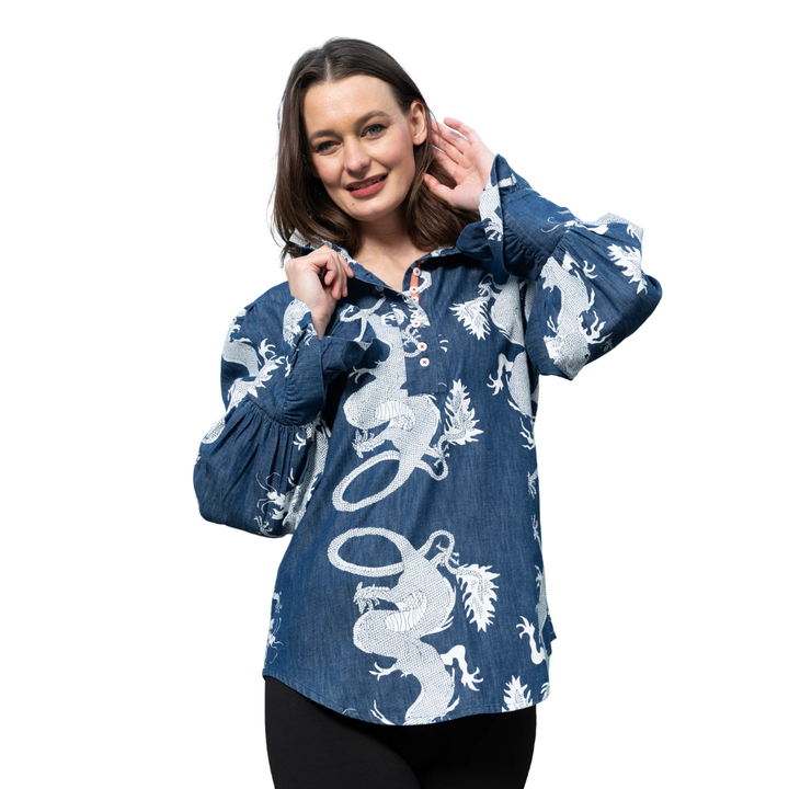 Dizzy Lizzie Champlain Top Denim Dragon