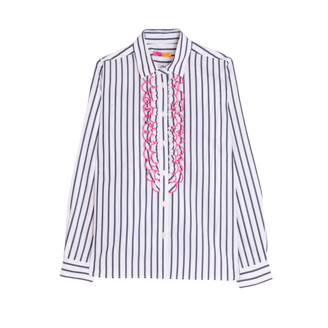 【美品】stripe embroidery logo blouse Vilagallo Scallop Stripe Fun Blouse – Amelia's Apparel