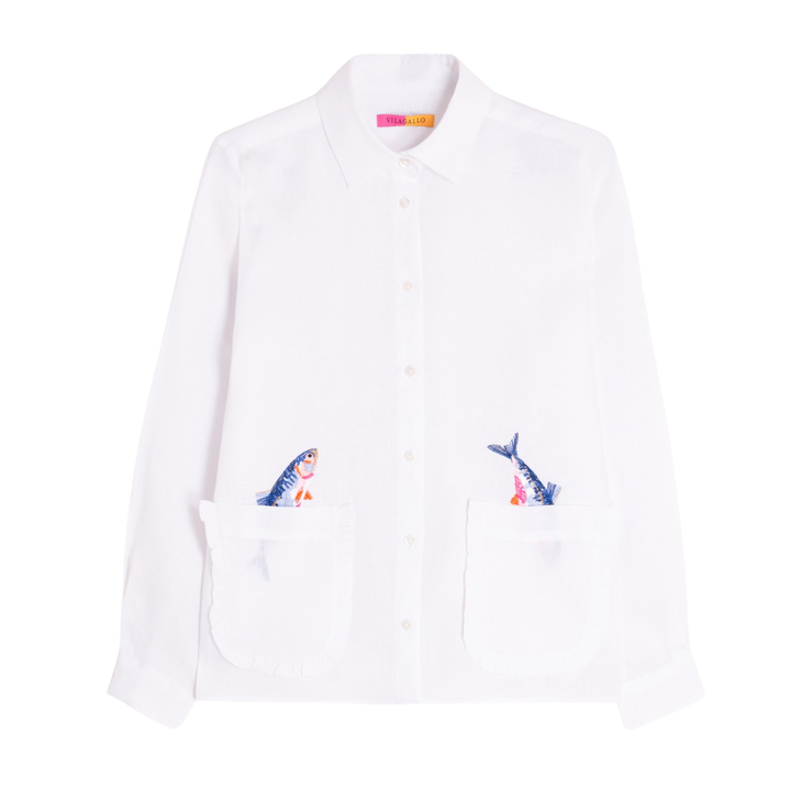 Vilagallo Embroidered Fish Linen Button Up