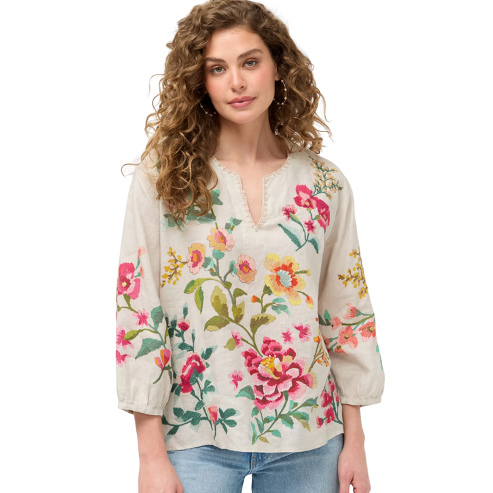 Johnny Was Split Neck Linen Blouse Miraze