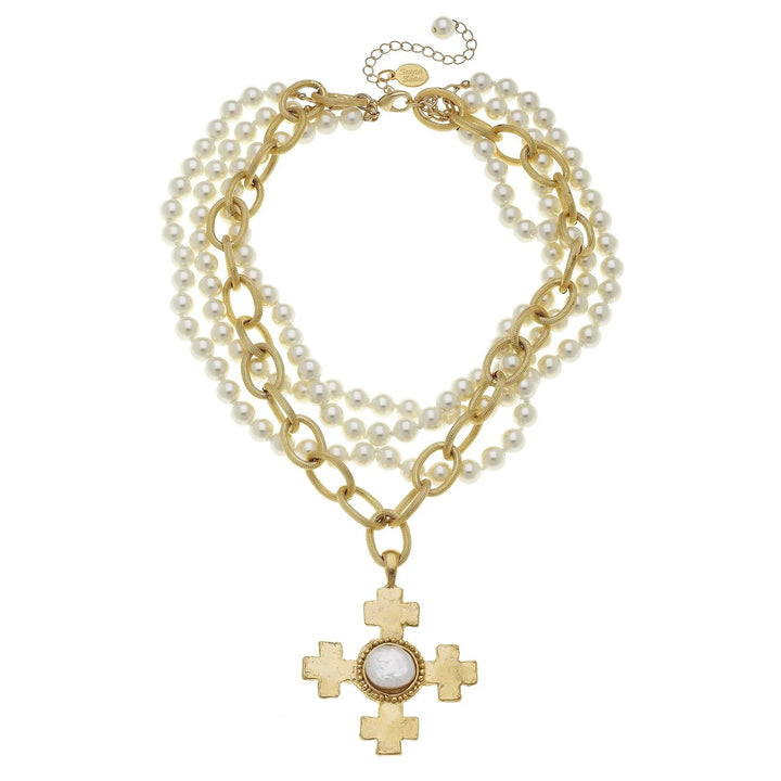 Susan Shaw Quad Cross Pearl Beaded Layer Necklace