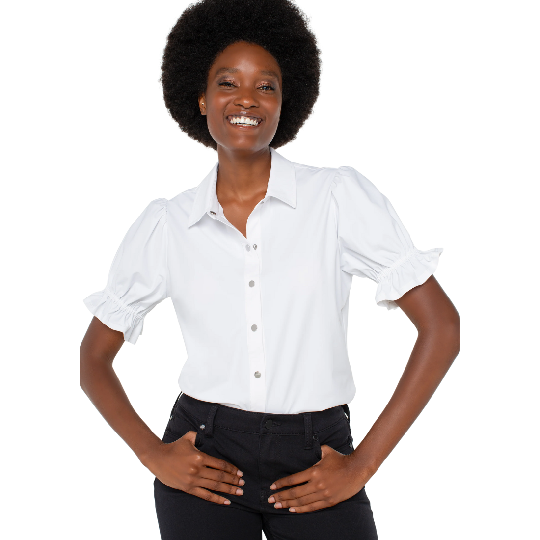 Liverpool Puff Sleeve Snap Front Shirt – Amelia's Apparel Liverpool Puff Sleeve Snap Front Shirt – Amelia's Apparel