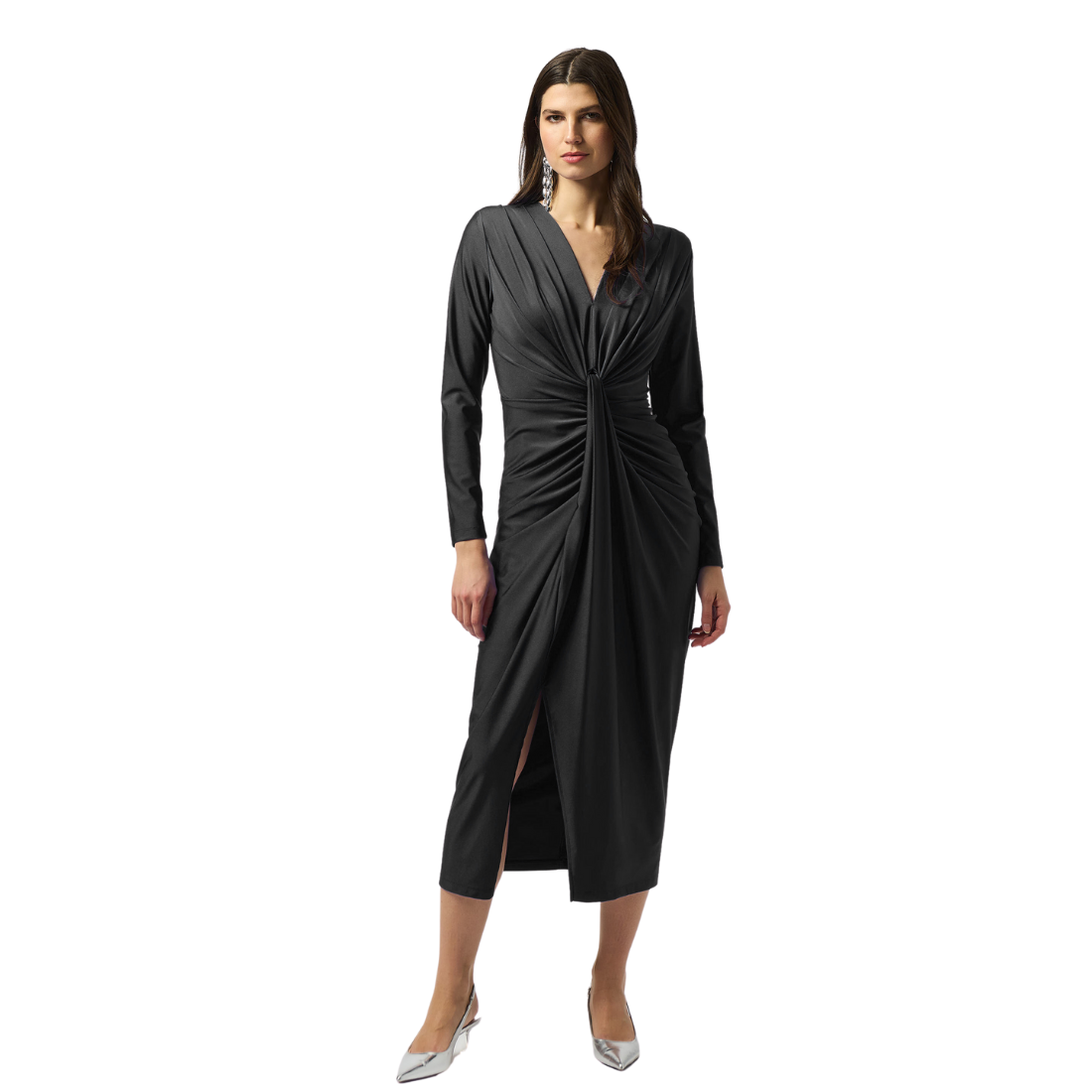 Joseph Ribkoff Satin Effect Knit Draped V-Neck Sheath Dress