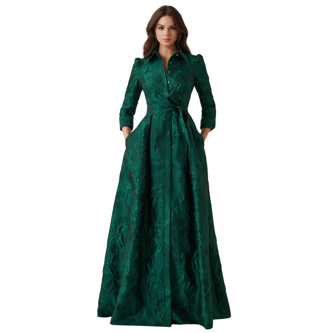 Teri Jon Metallic Jacquard Floral Shirt Waist Gown