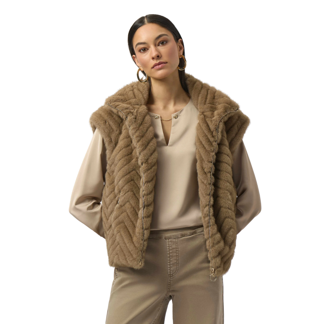 Joseph Ribkoff Chevron Faux Fur Mock Neck Vest