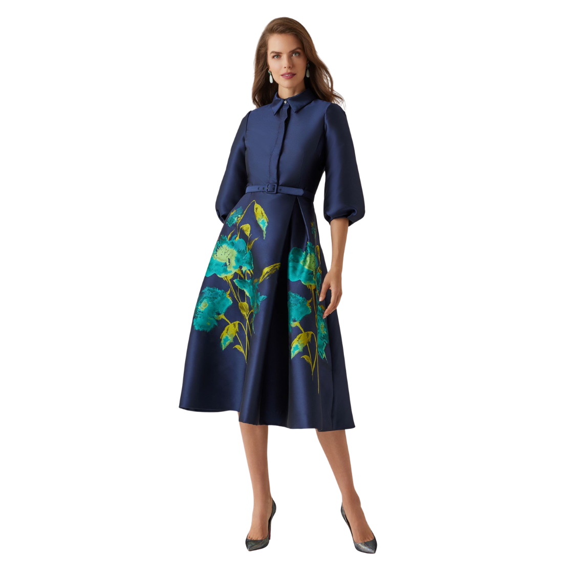 Teri Jon Floral Puff Sleeve Belted Dress