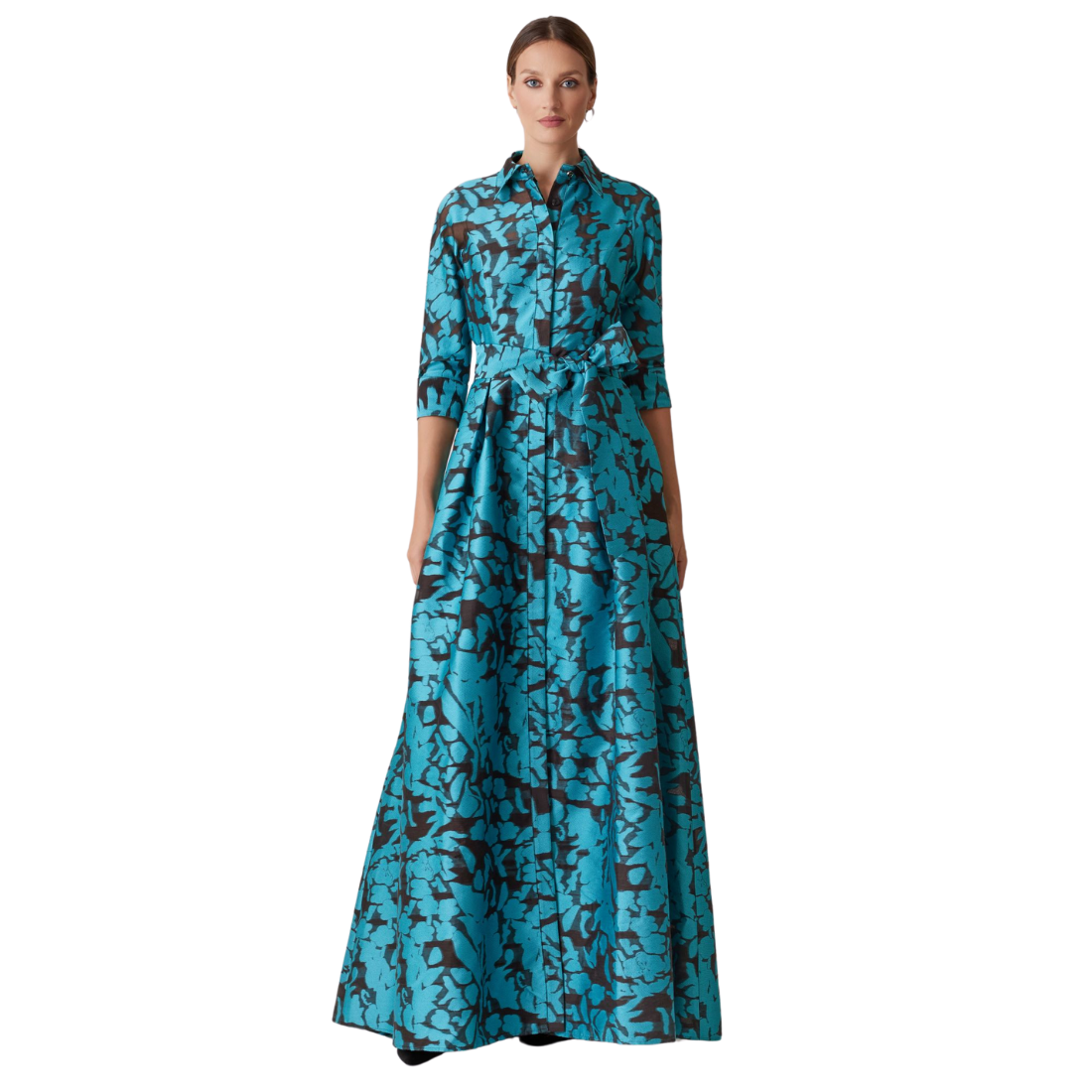 Teri Jon Burnout Floral Shirtwaist Gown