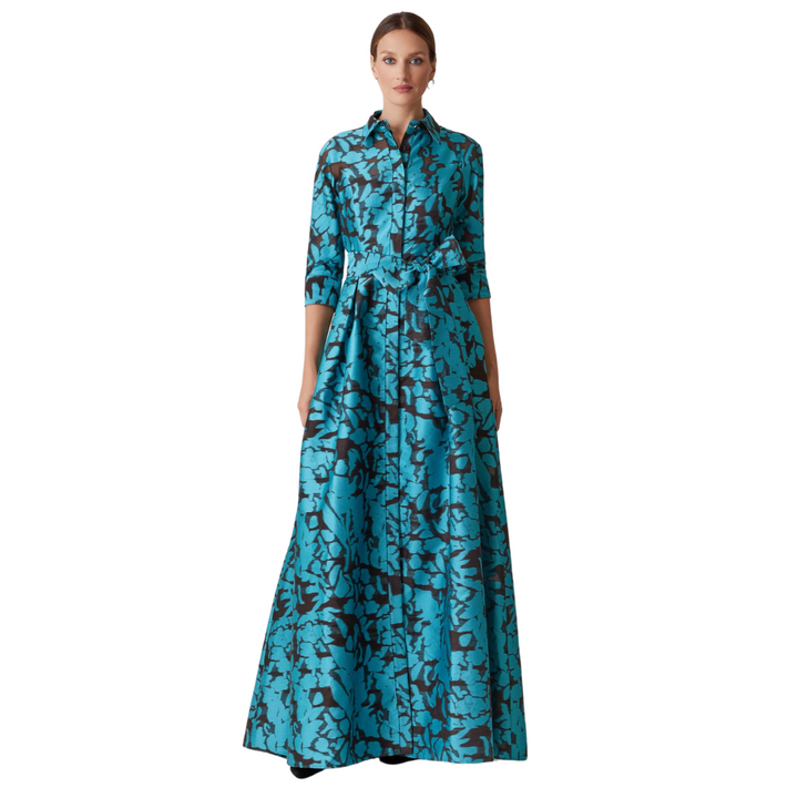 Teri Jon Burnout Floral Shirtwaist Gown