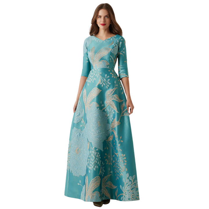 Teri Jon Metallic Jacquard A Line Gown