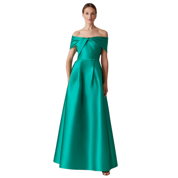 Teri Jon Mikado Off Shoulder Twist Gown