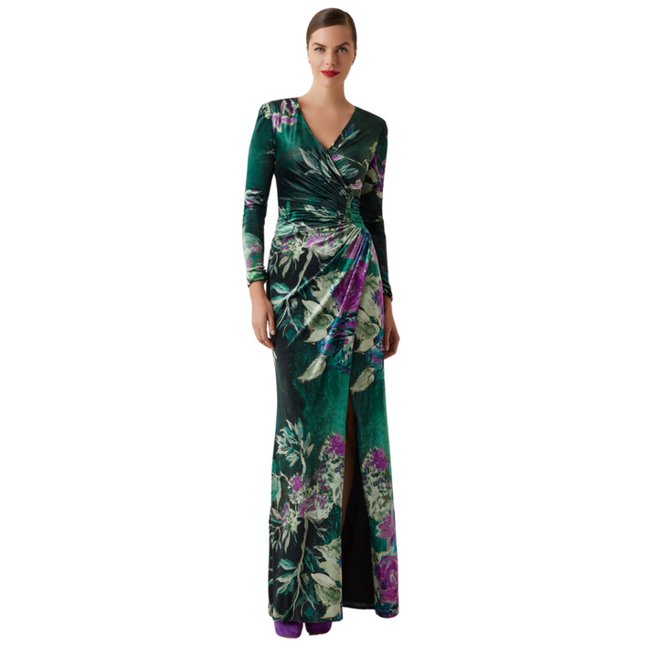 Teri Jon Velvet Jewel Applique Gown
