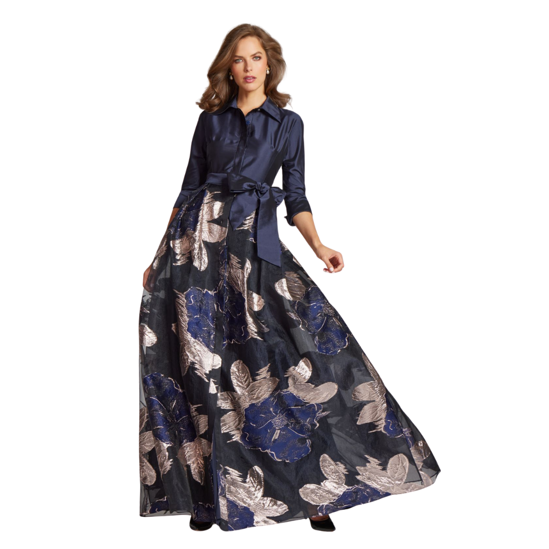 Teri Jon Navy Taffeta Shirtdress W/ Burnout Floral