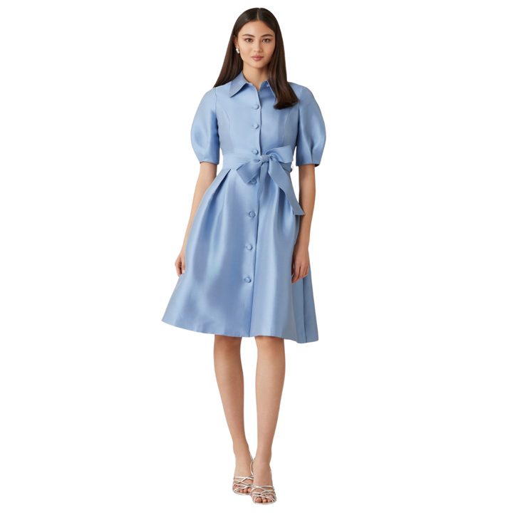 Teri Jon Pique Puff Sleeve Shirt Dress
