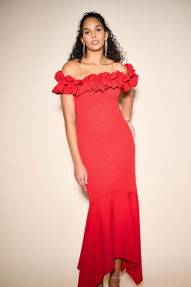 Joseph Ribkoff Ruffle Shoulder Dress