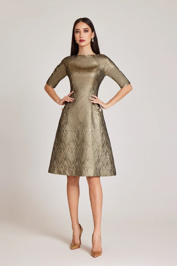 Teri Jon Fit-N-Flare Metallic Gold Dress