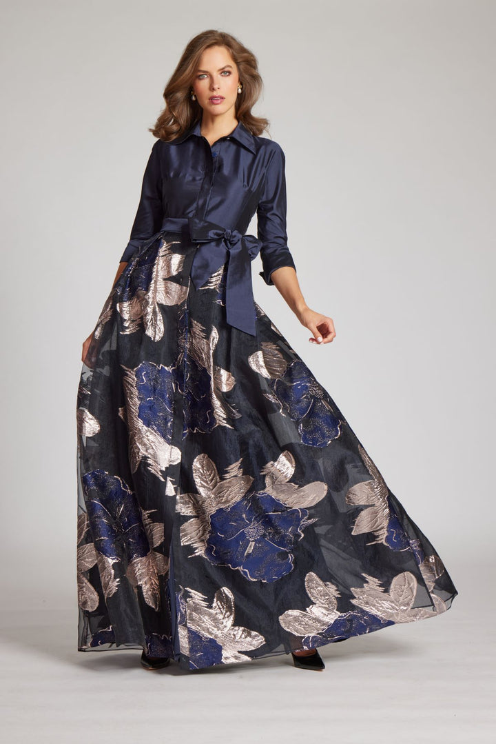 Teri Jon Navy Taffeta Shirtdress W/ Burnout Floral