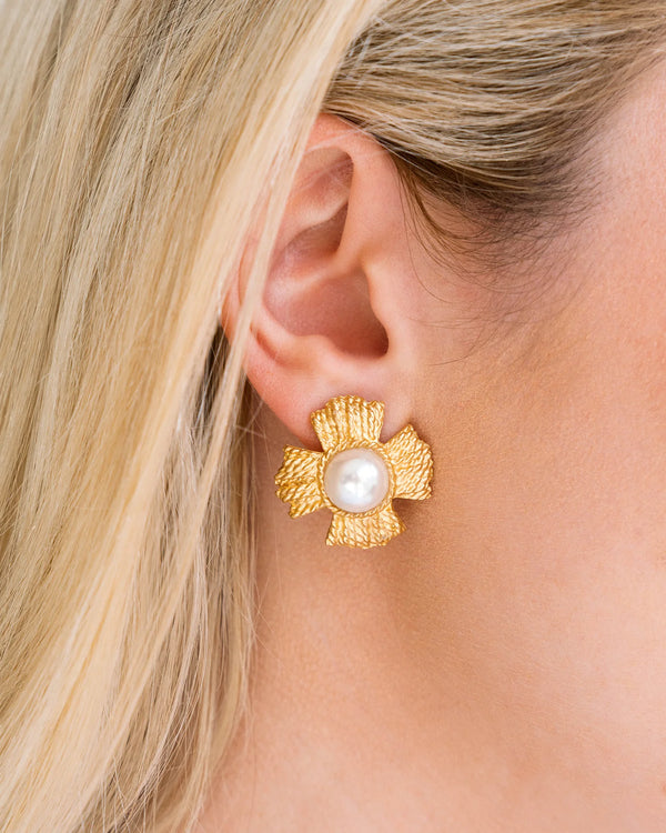 Susan Shaw Braided Cross Pearl Stud Earrings
