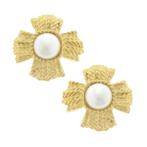 Susan Shaw Braided Cross Pearl Stud Earrings