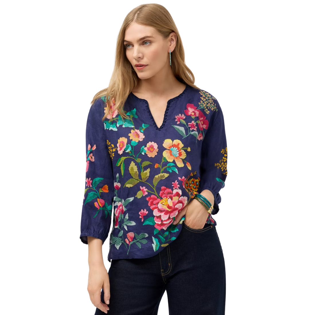 Johnny Was Split Neck Linen Blouse Miraze – Amelia's Apparel