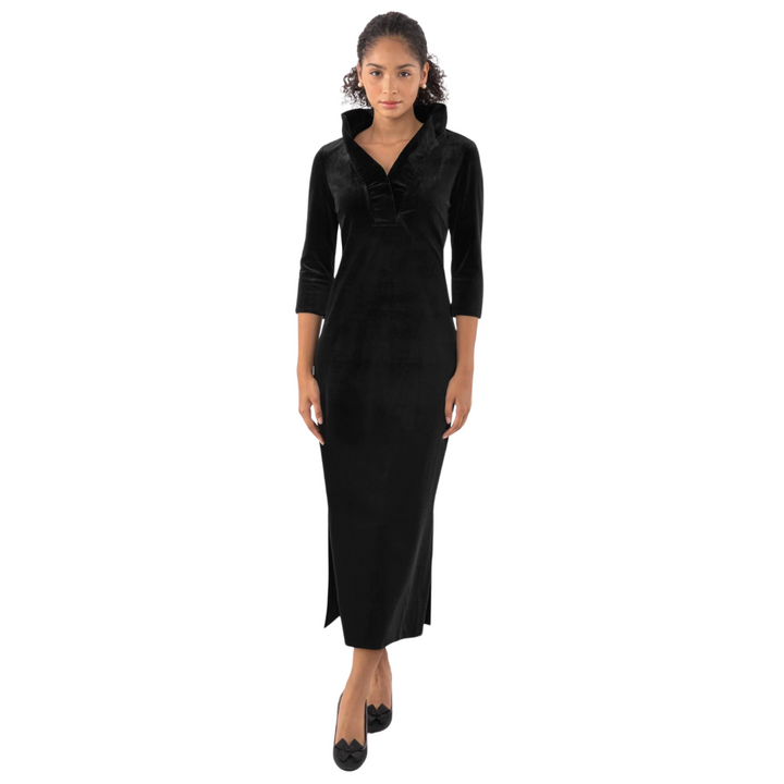 Gretchen Scott Ruffle Neck Midi Velvet