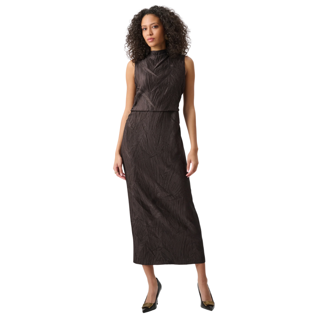 Joseph Ribkoff Pleated Satin Sleeveless Midi Dress