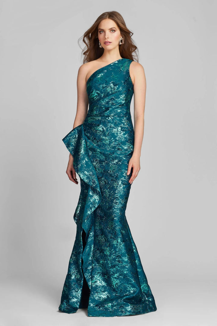 Teri Jon One Shoulder Ruffle Gown