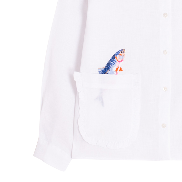 Vilagallo Embroidered Fish Linen Button Up