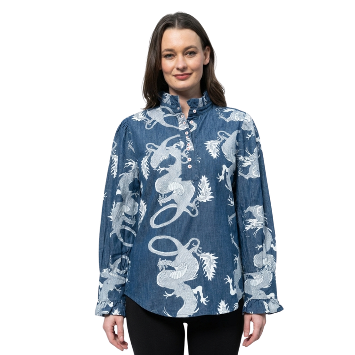 Dizzy Lizzie Champlain Top Denim Dragon