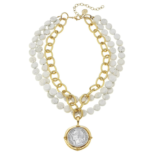 Susan Shaw Mixed Metal Coin Multi-Strand White Necklace