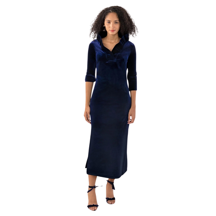 Gretchen Scott Ruffle Neck Midi Velvet