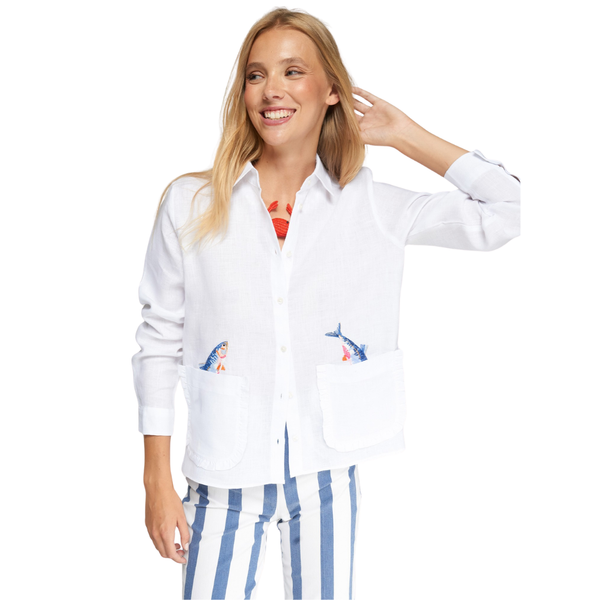 Vilagallo Embroidered Fish Linen Button Up