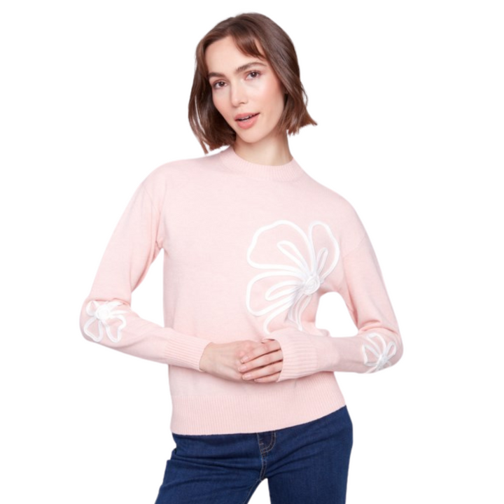 Charlie B Crew Neck Floral Detail Sweater