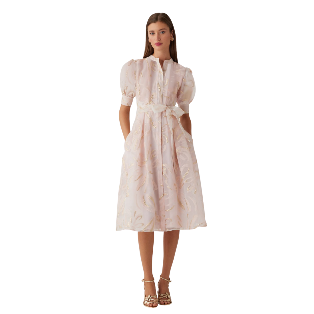Teri Jon By Rickie Freeman Women's Metallic Organza Mandarin Collar Dress - Pink - Size 10 - Blush Gold Teri Jon By Rickie Freeman Women's Metallic Organza Mandarin Collar Dress - Pink - Size 10 - Blush Gold