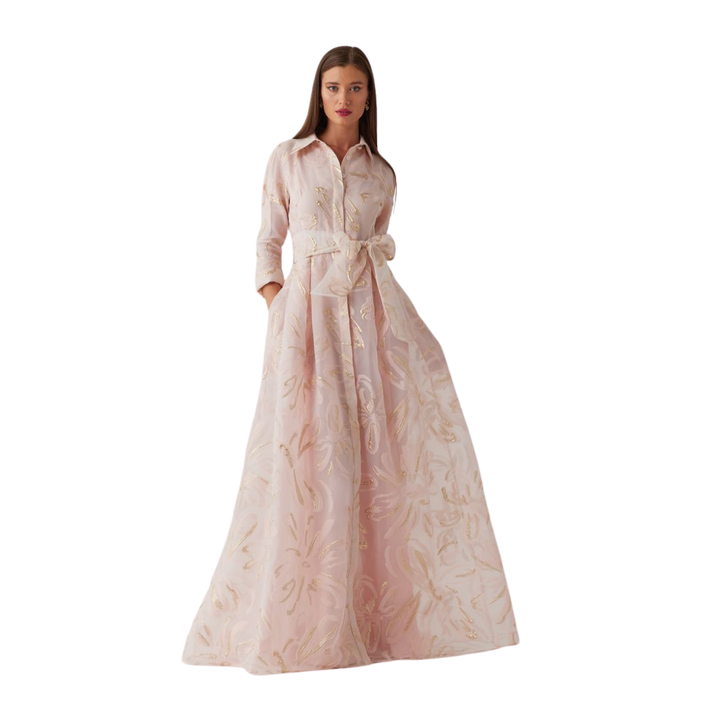Teri Jon Metallic Organza Shirt Waist Gown