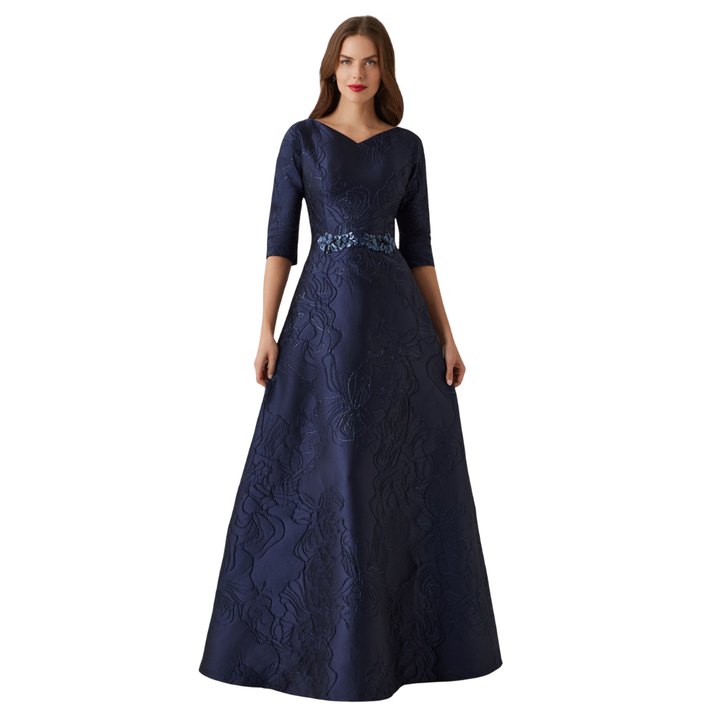 Teri Jon Floral Metallic Jacquard A Line Beaded Gown