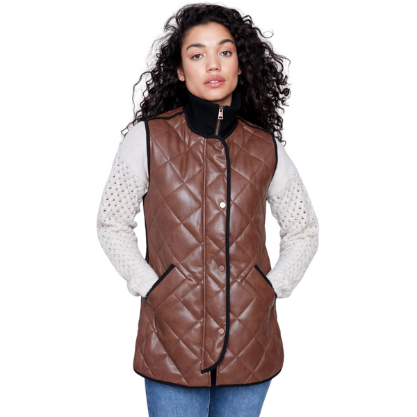 Charlie B Long Quilted Faux Leather Vest