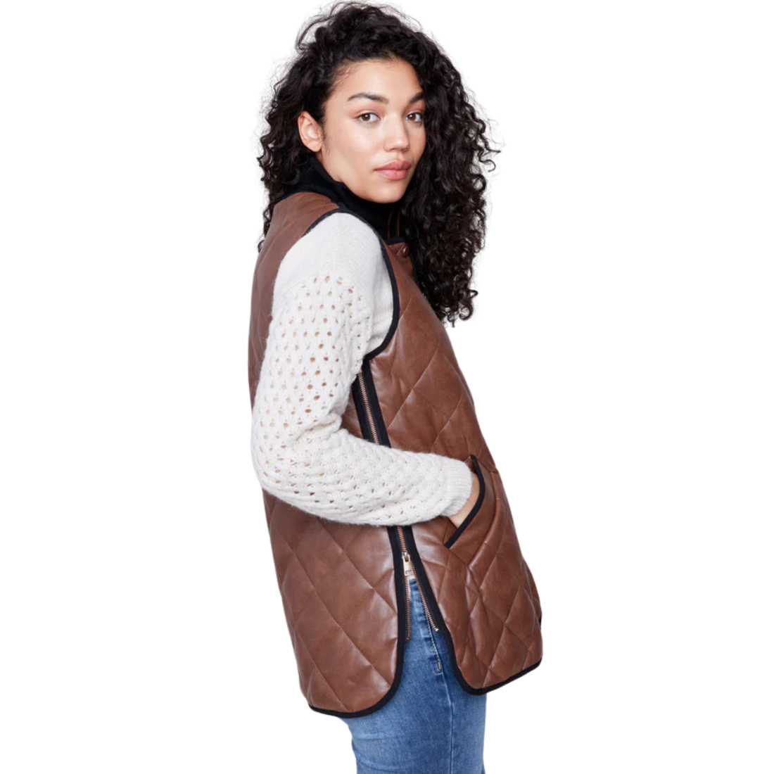 Charlie B Long Quilted Faux Leather Vest