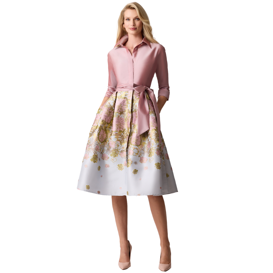 Teri Jon Taffeta Floral Jacquard Shirt Dress