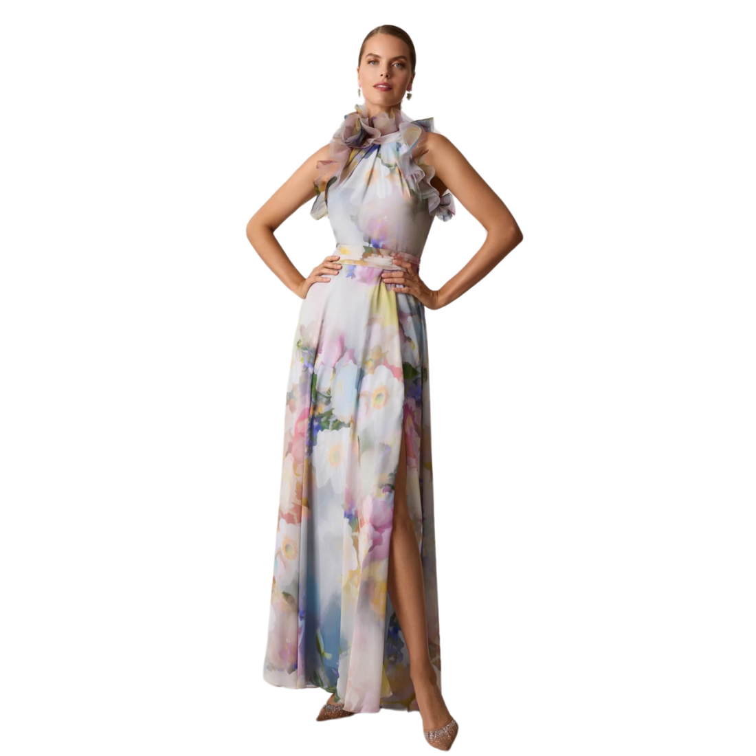 Teri Jon Chiffon Watercolor Organza Halter Gown