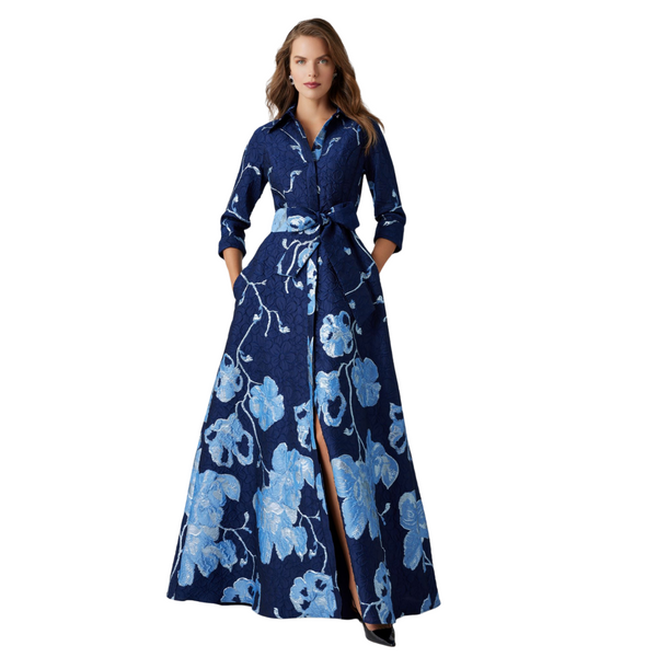 Teri Jon Metallic Jacquard Floral Border Gown