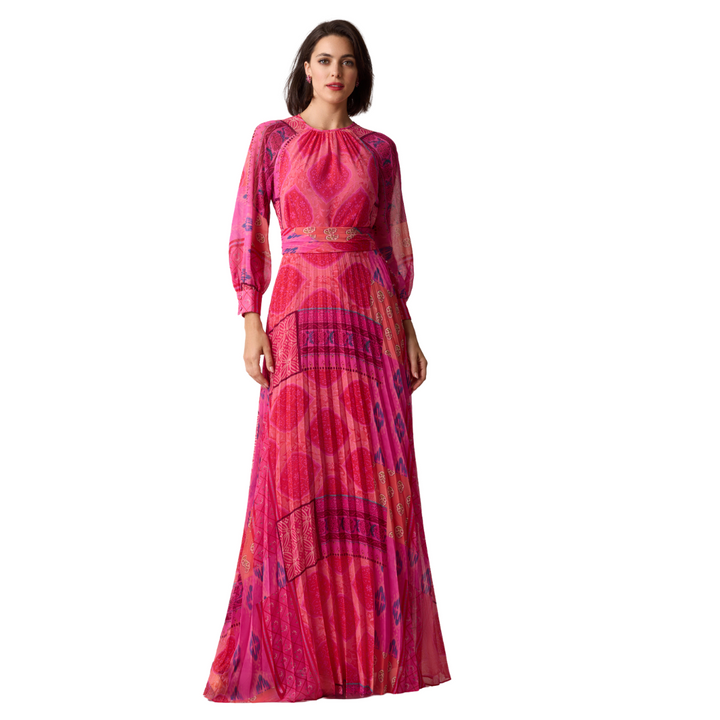 Teri Jon Chiffon Floral Pleated Maxi Gown