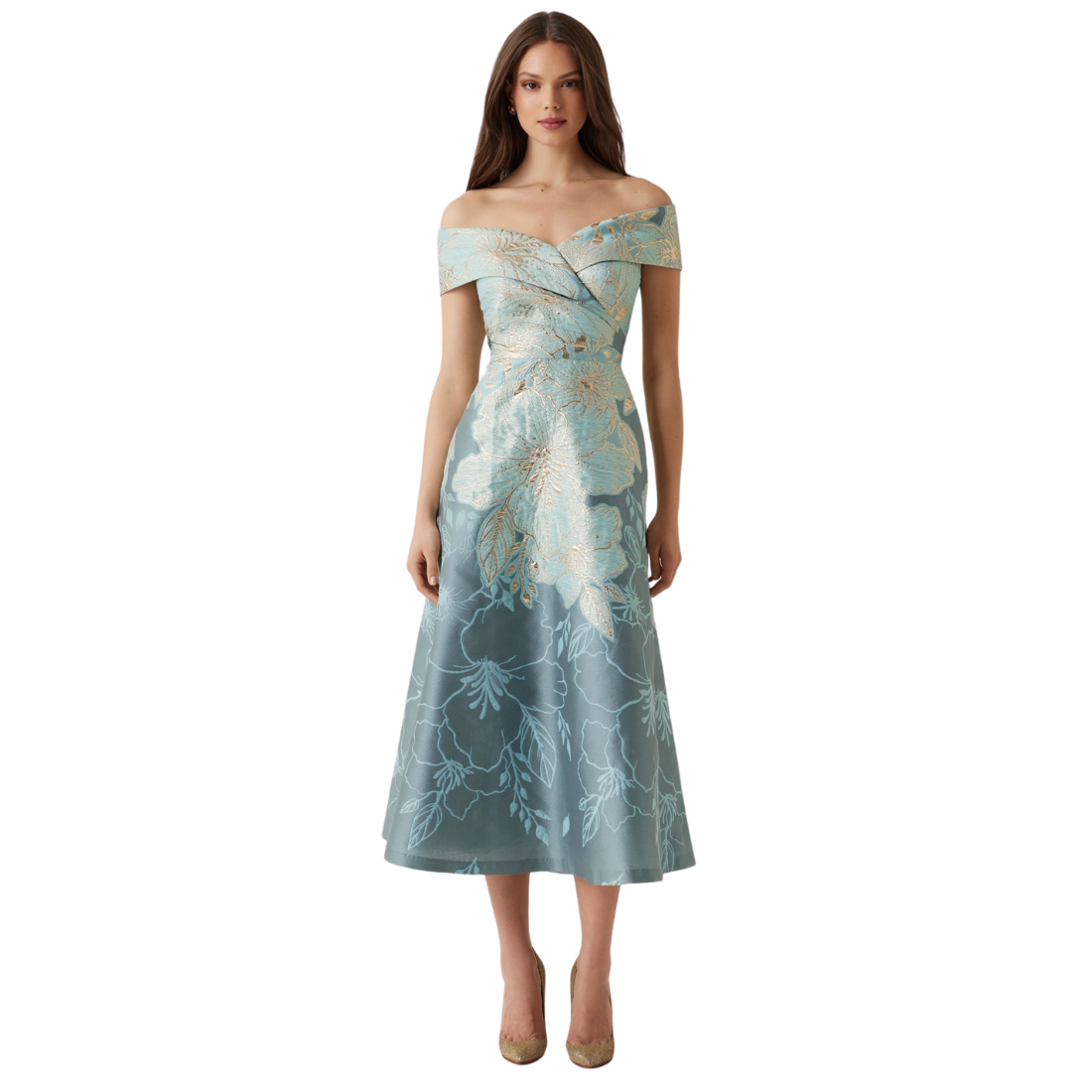 Teri Jon Metallic Jacquard Floral Off The Shoulder Dress Size 6