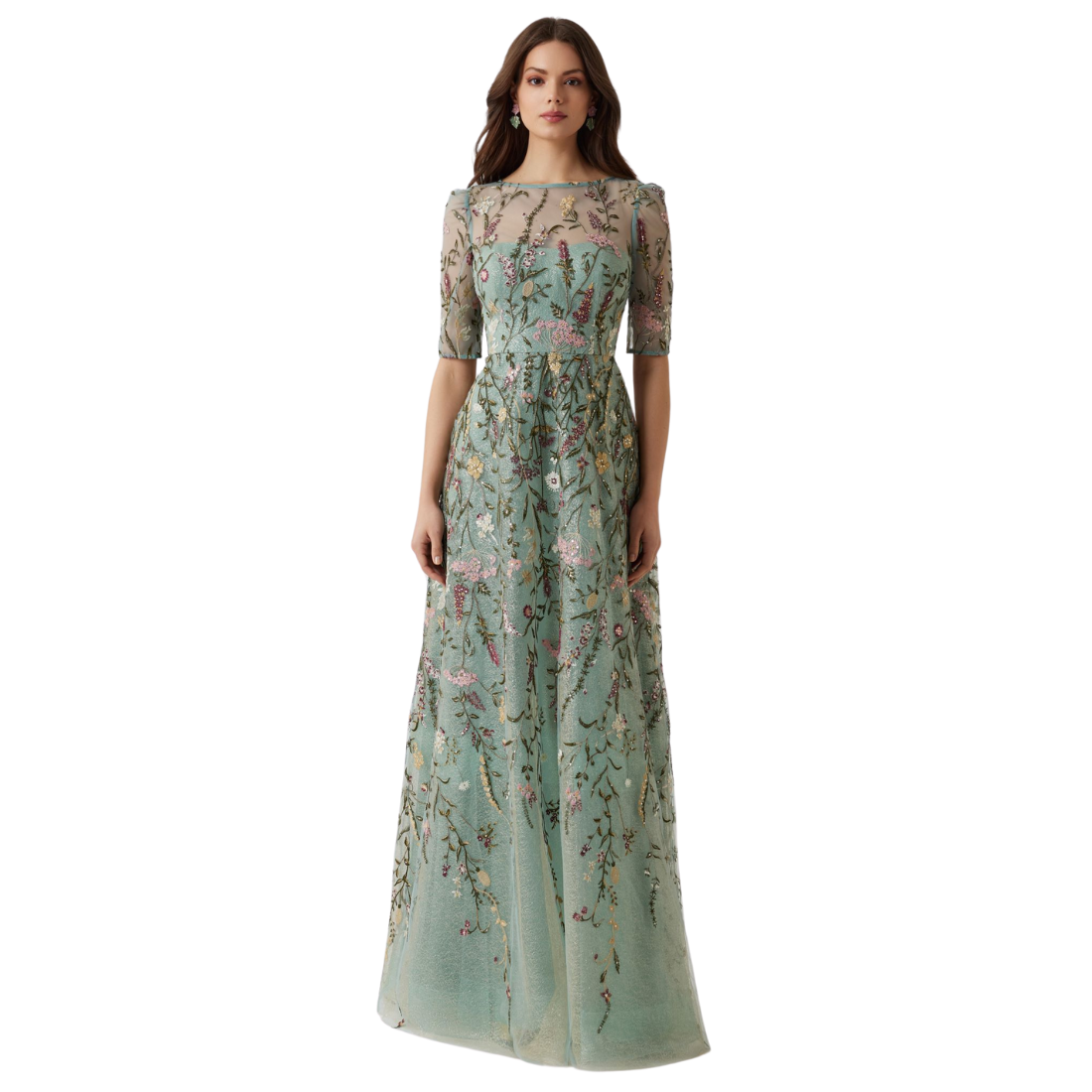 Teri Jon Floral Embroidered Tulle Gown