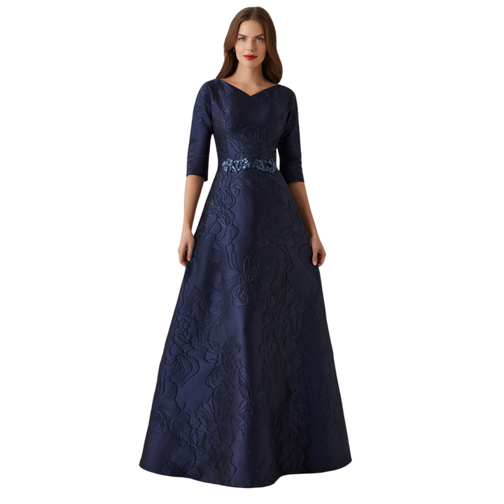 Teri Jon Jacquard Beaded Belt Gown
