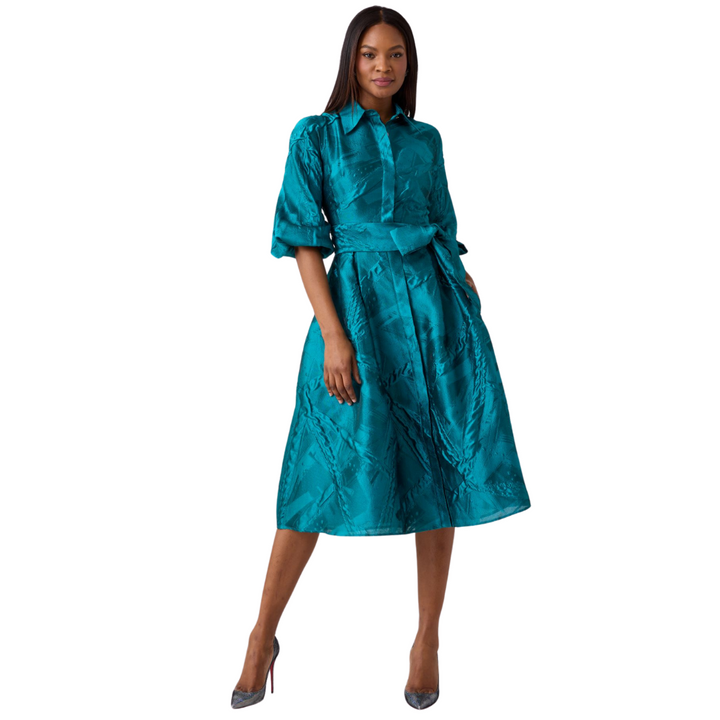 Teri Jon Textured Balloon Sleeve Shirt Dress