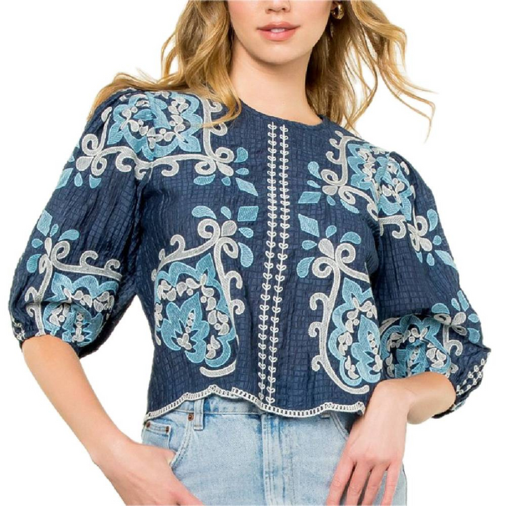 Indigo Bloom Embroidered Top