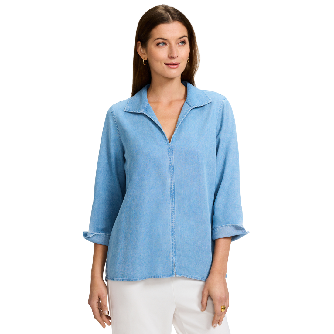 Foxcroft Agnes 3/4 Denim Shirt Bleach Wash