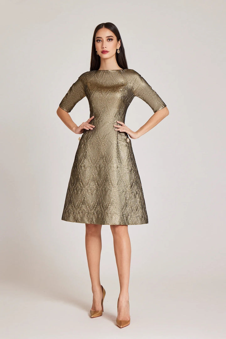 Teri Jon Fit-N-Flare Metallic Gold Dress