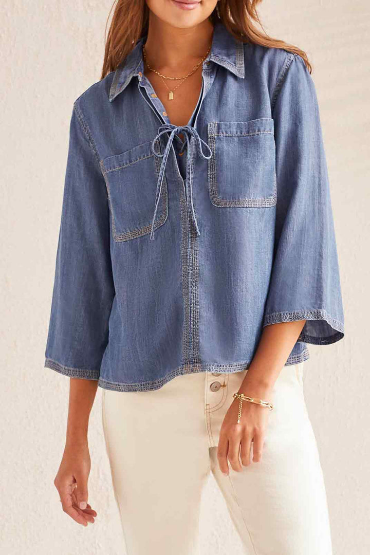 Tribal Chambray Pop Over Blouse w/ Lace Up